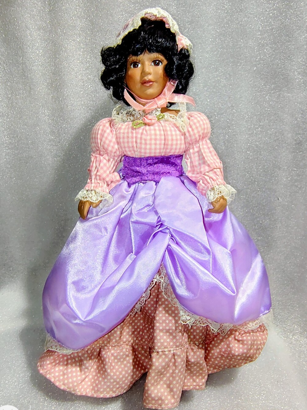 Vintage Porcelain Doll 12” Victorian Pink Lavender Gown Bonnet Philippines